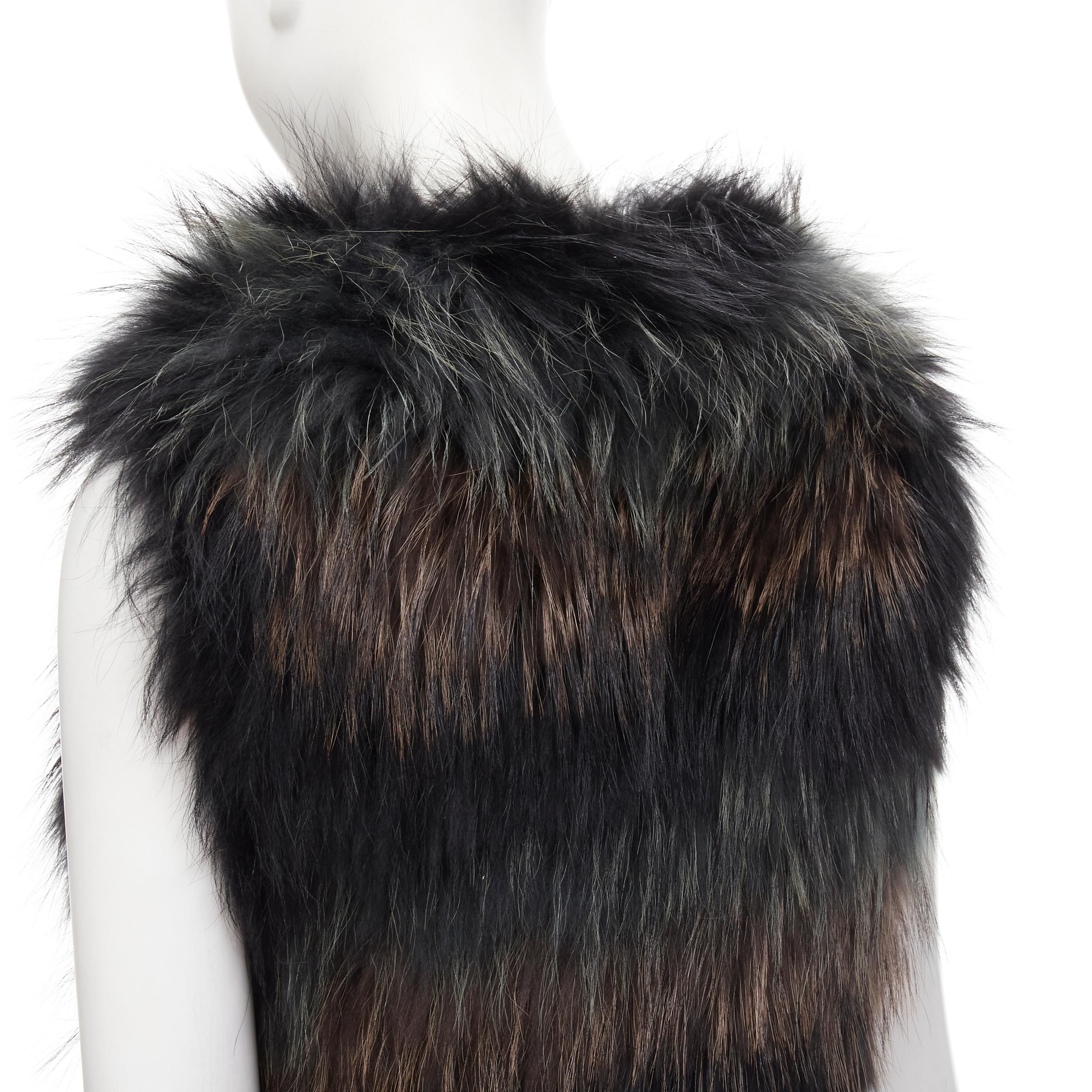 METEO YVES SALOMON black brown green racoon fur vest jacket IT36 XS For Sale 4