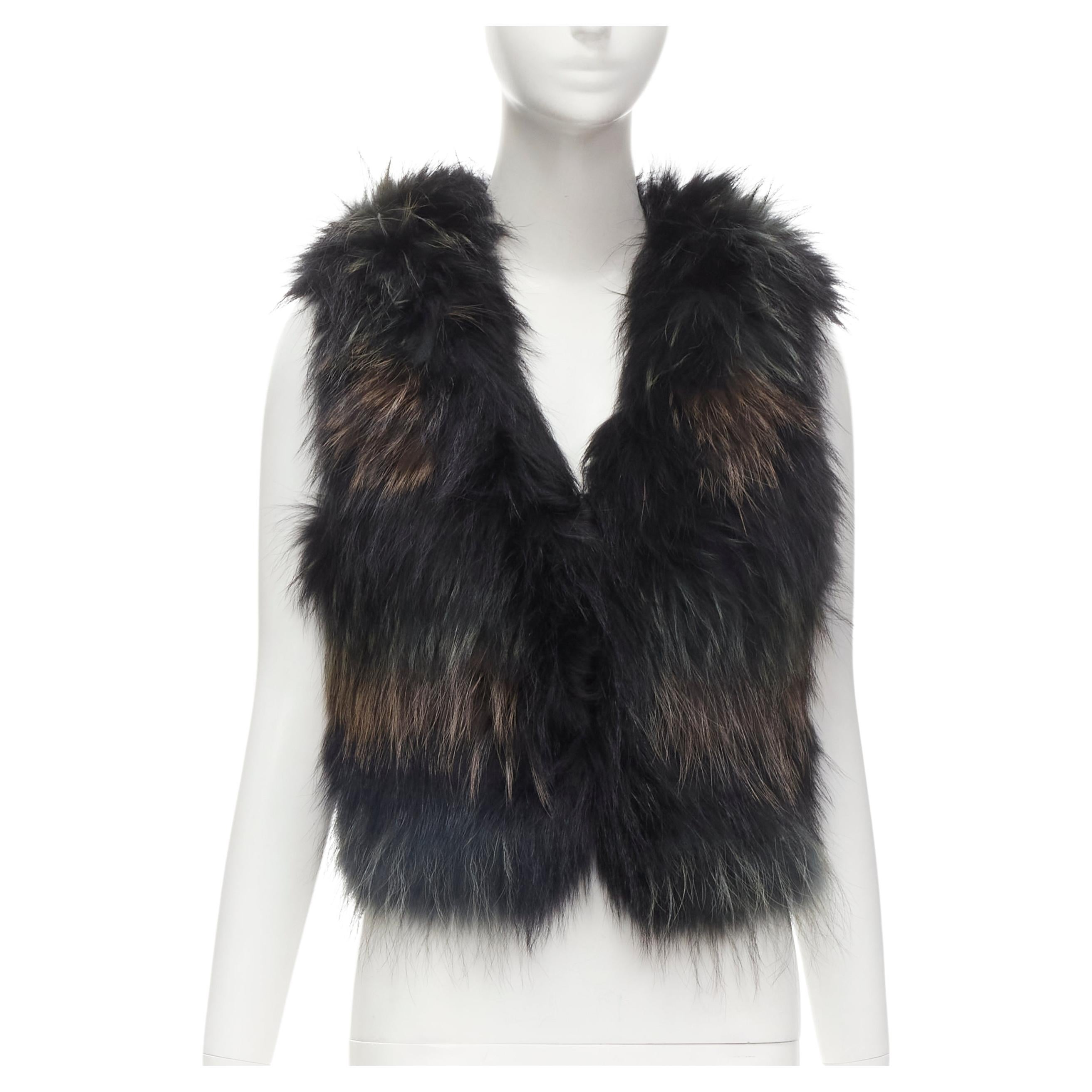 METEO YVES SALOMON black brown green racoon fur vest jacket IT36 XS For Sale