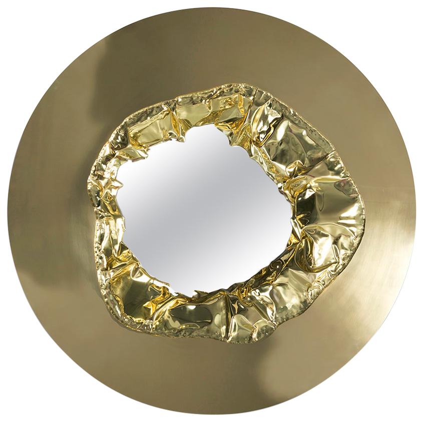 Organic Meteor Gold Mirror in Polished Hammered Brass, Modern Wall Art Mirror