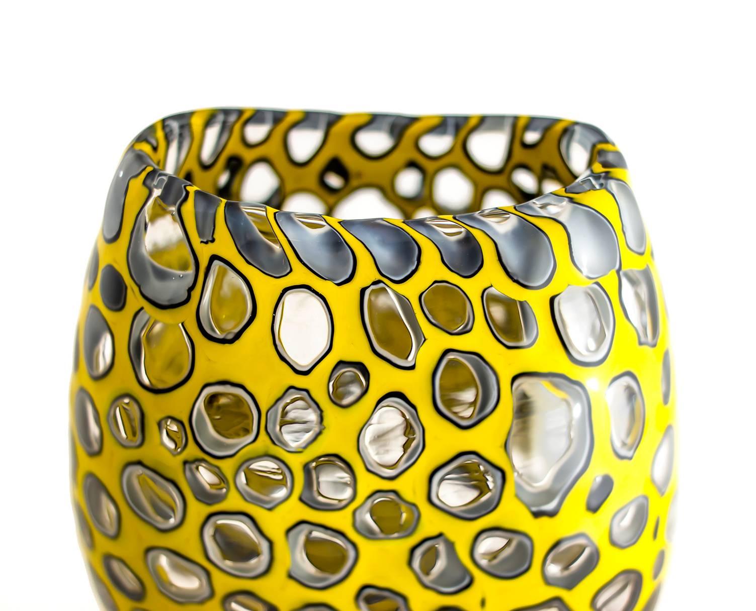 American Meteor Murrine Cheetah U-Vase, Murano Inspired Handblown Glass