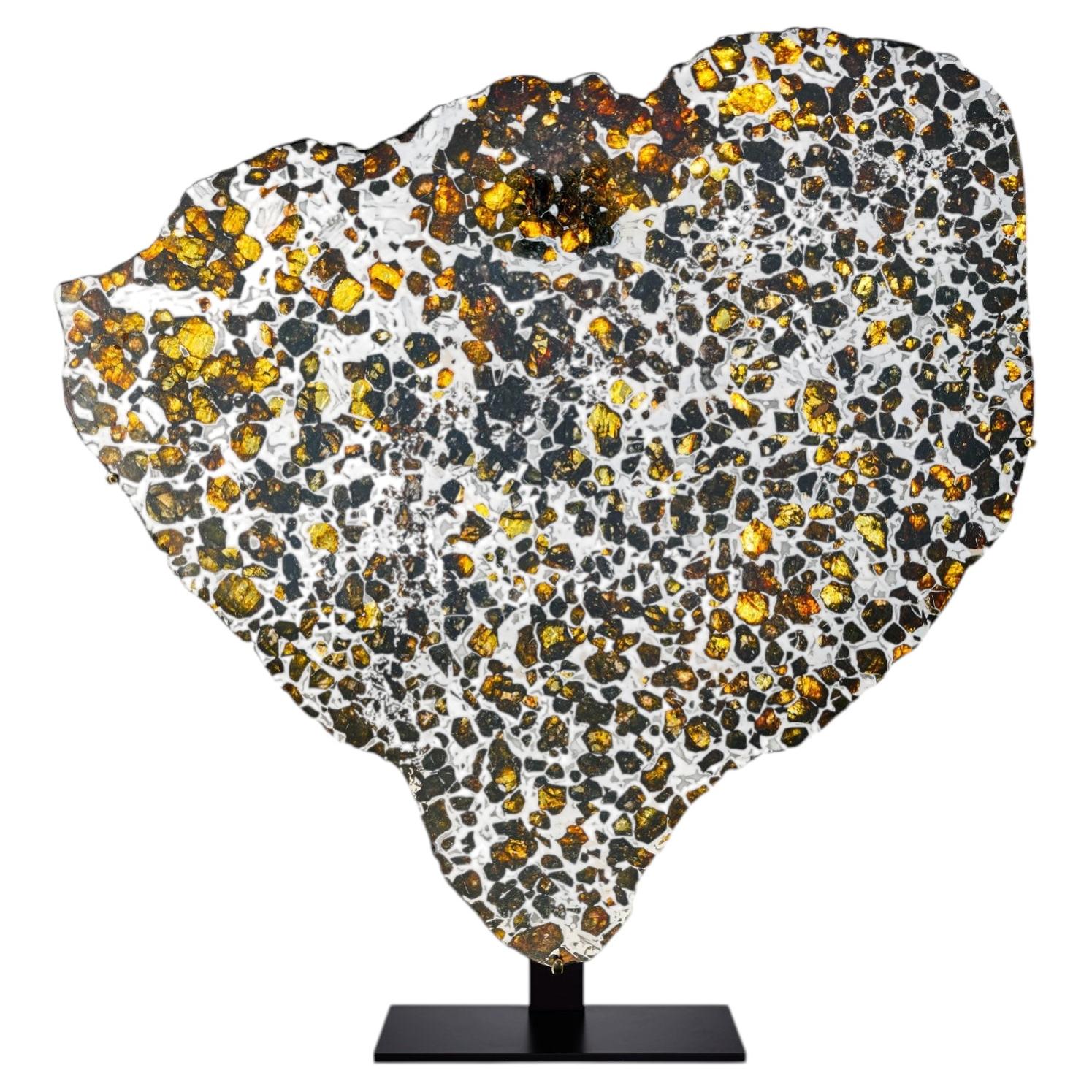 Meteorite Cross Section with Amber-Coloured Peridot Gems and Metal Matrix