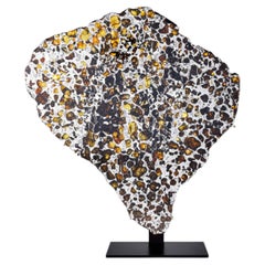 Meteorite Cross Section with Amber-Coloured Peridot Gems and Metal Matrix