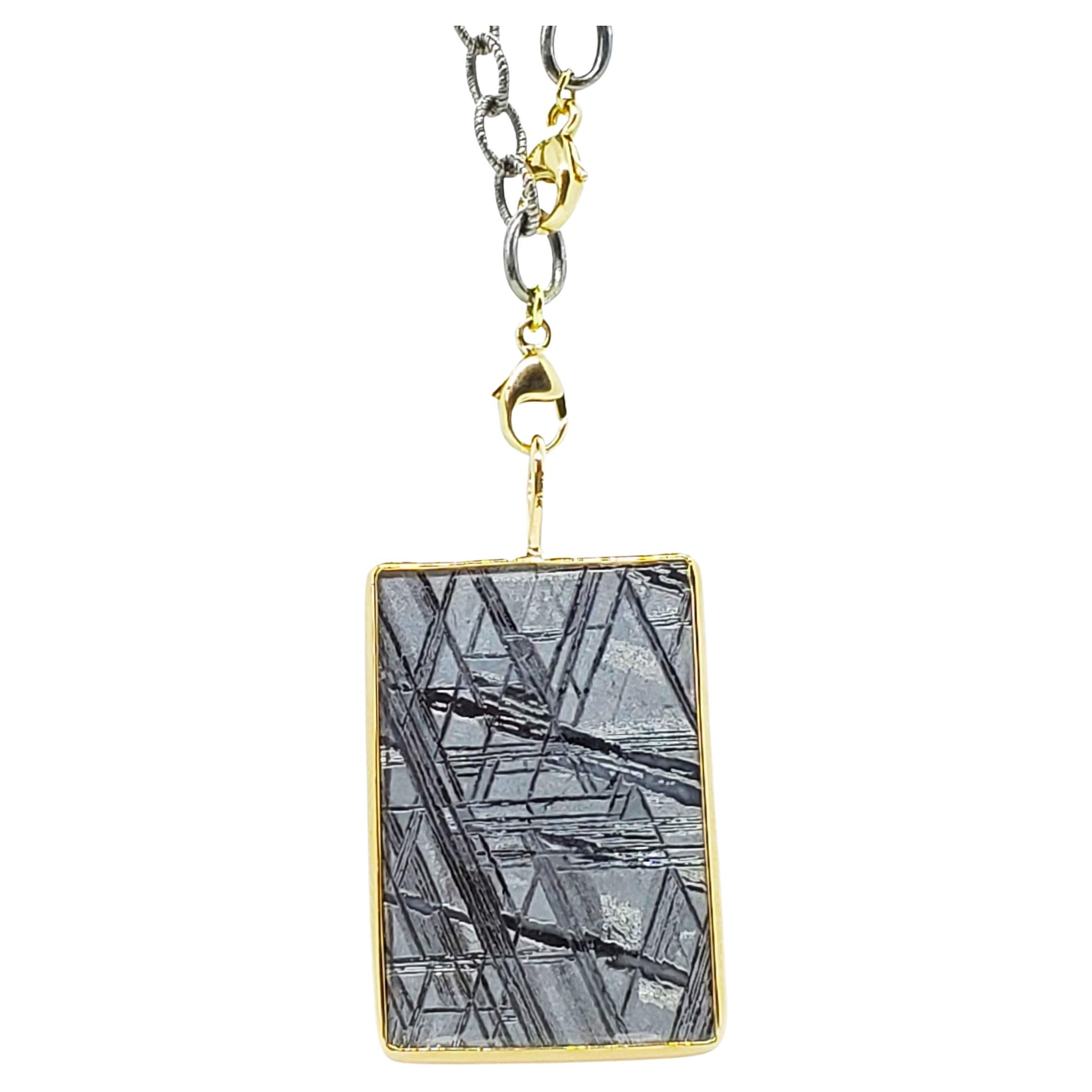 Meteorite From Sweden and 18K Yellow Gold Handmade Bezel Pendant on Black Chain
