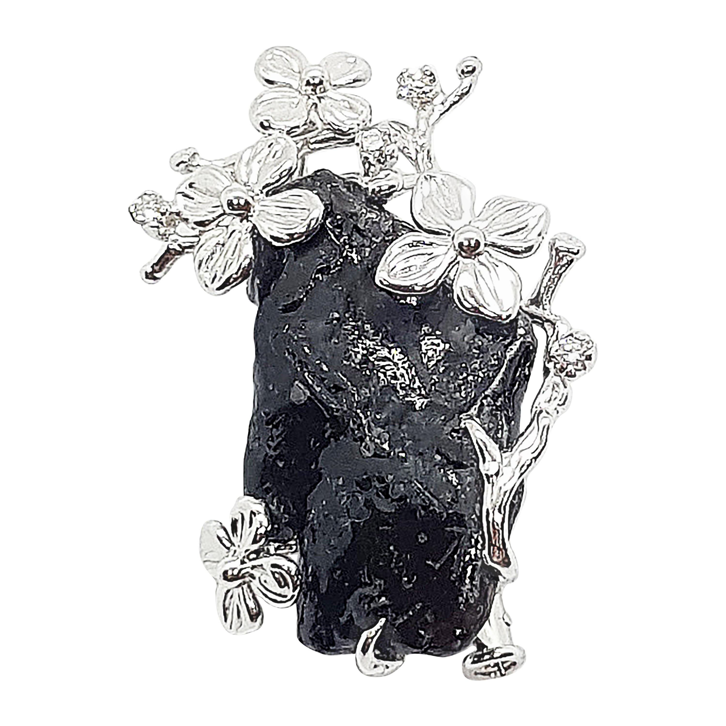 Meteorite with Diamond Brooch/Pendant Set in 18 Karat White Gold Settings For Sale