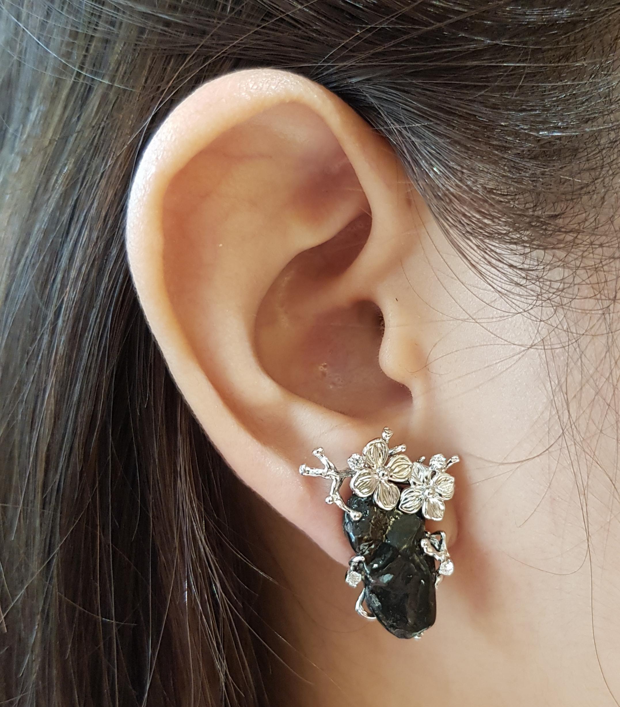 Meteorite 16.66 carats with Diamond 0.17 carat Earrings set in 18 Karat White Gold Settings

Width:  2.0 cm 
Length: 2.8 cm
Total Weight: 11.6 grams

