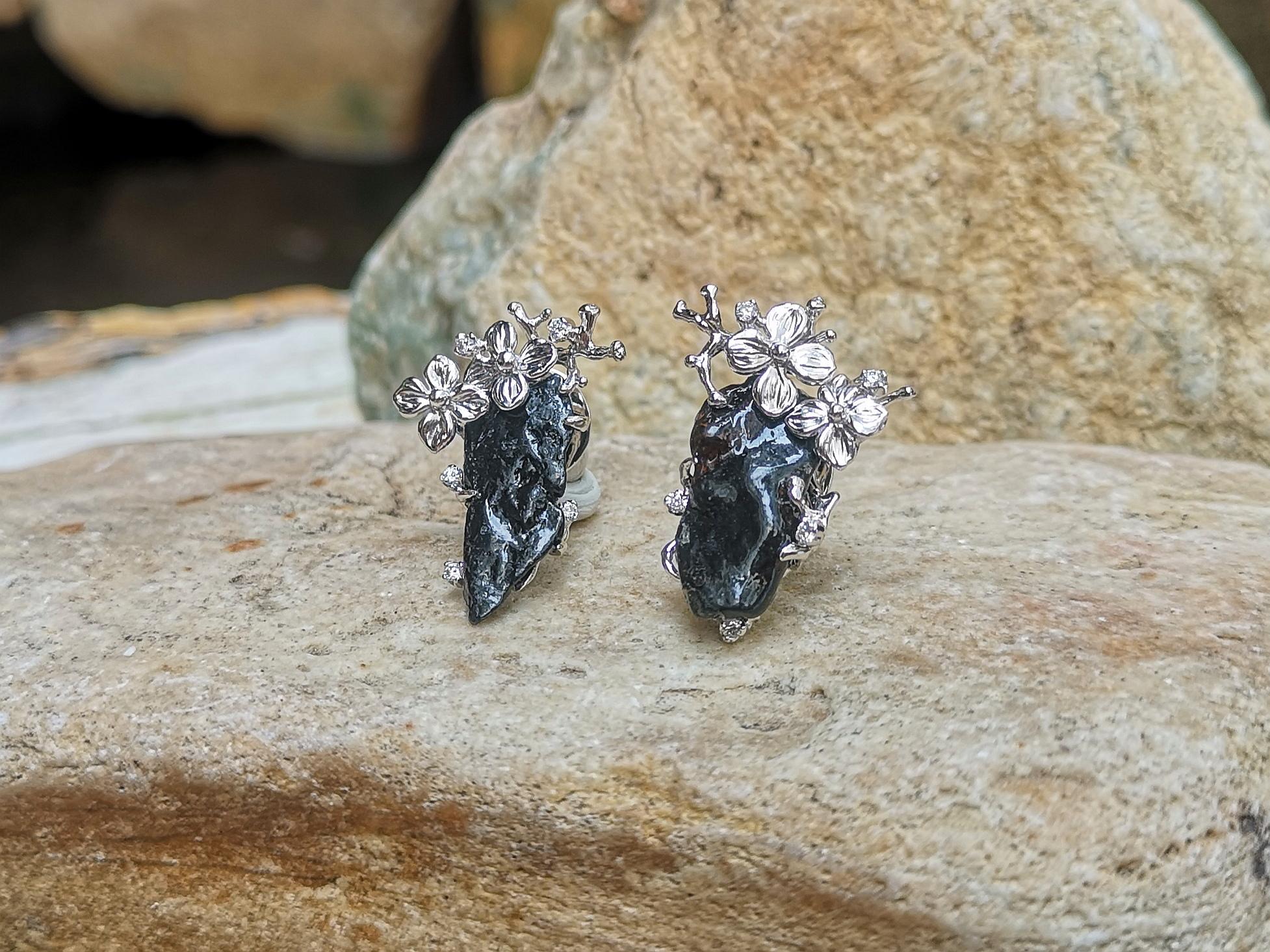 Contemporary Meteorite with Diamond Earrings Set in 18 Karat White Gold Settings For Sale
