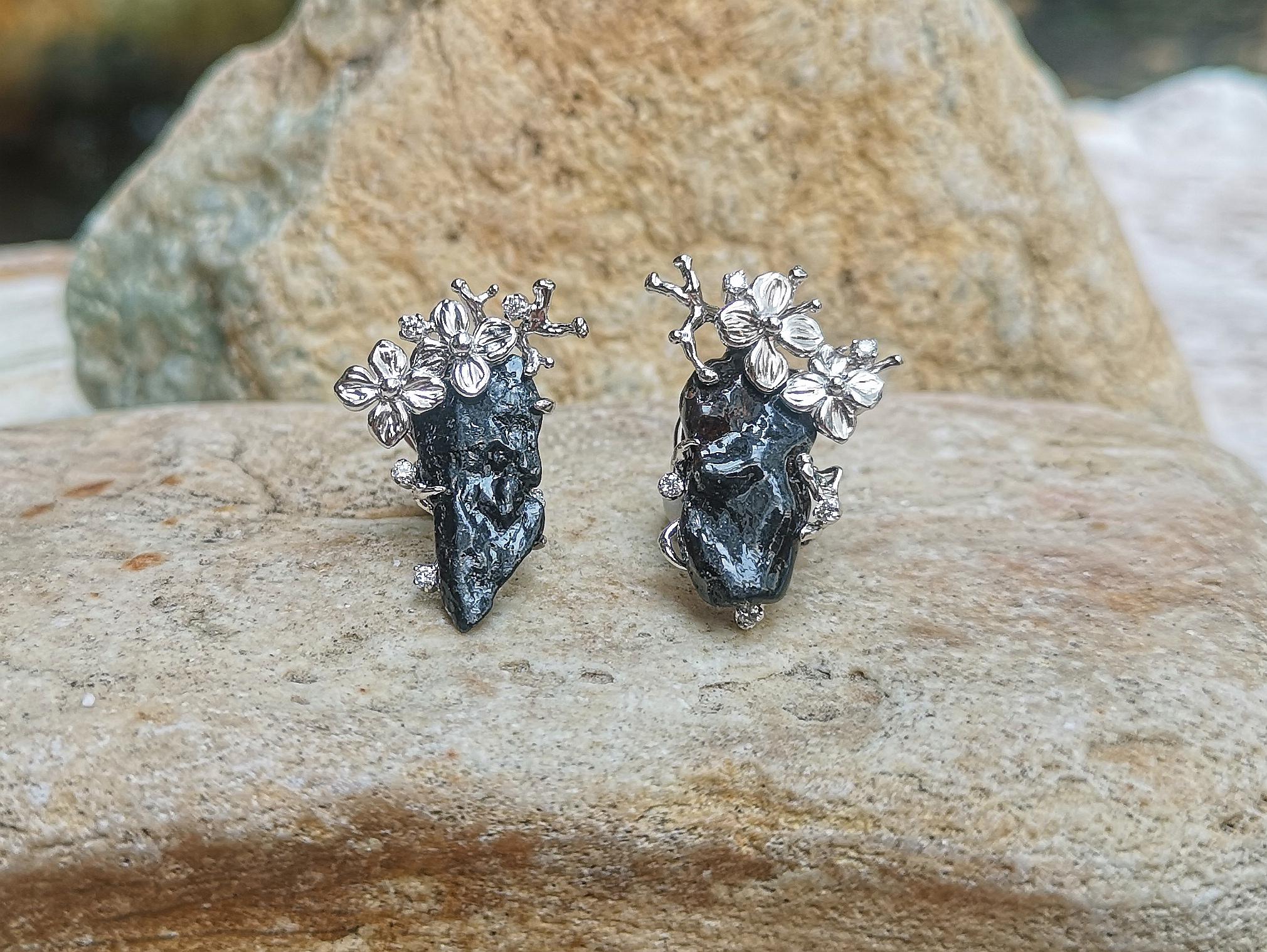 Uncut Meteorite with Diamond Earrings Set in 18 Karat White Gold Settings For Sale