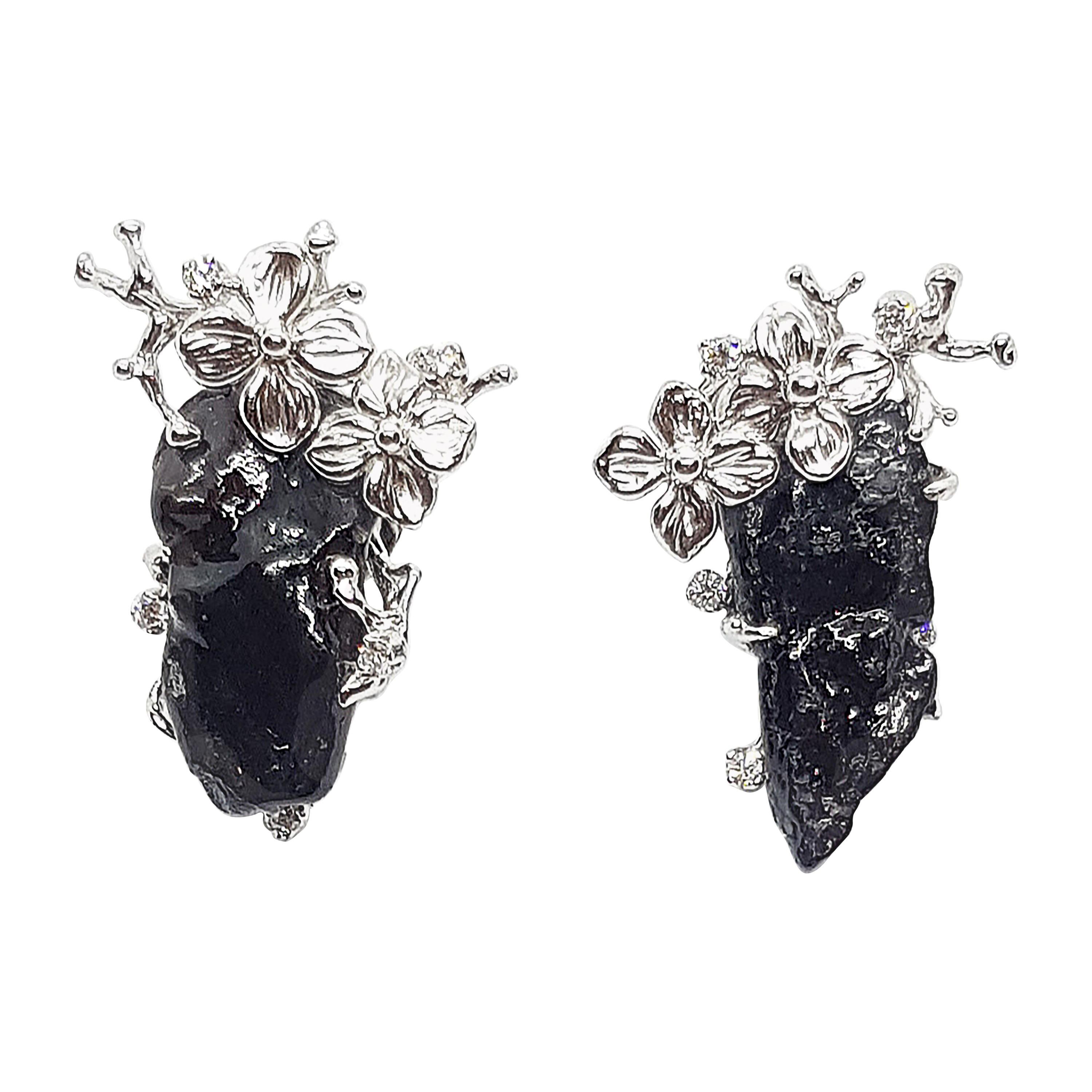 Meteorite with Diamond Earrings Set in 18 Karat White Gold Settings For Sale