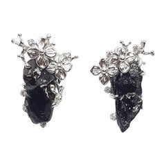 Meteorite with Diamond Earrings Set in 18 Karat White Gold Settings