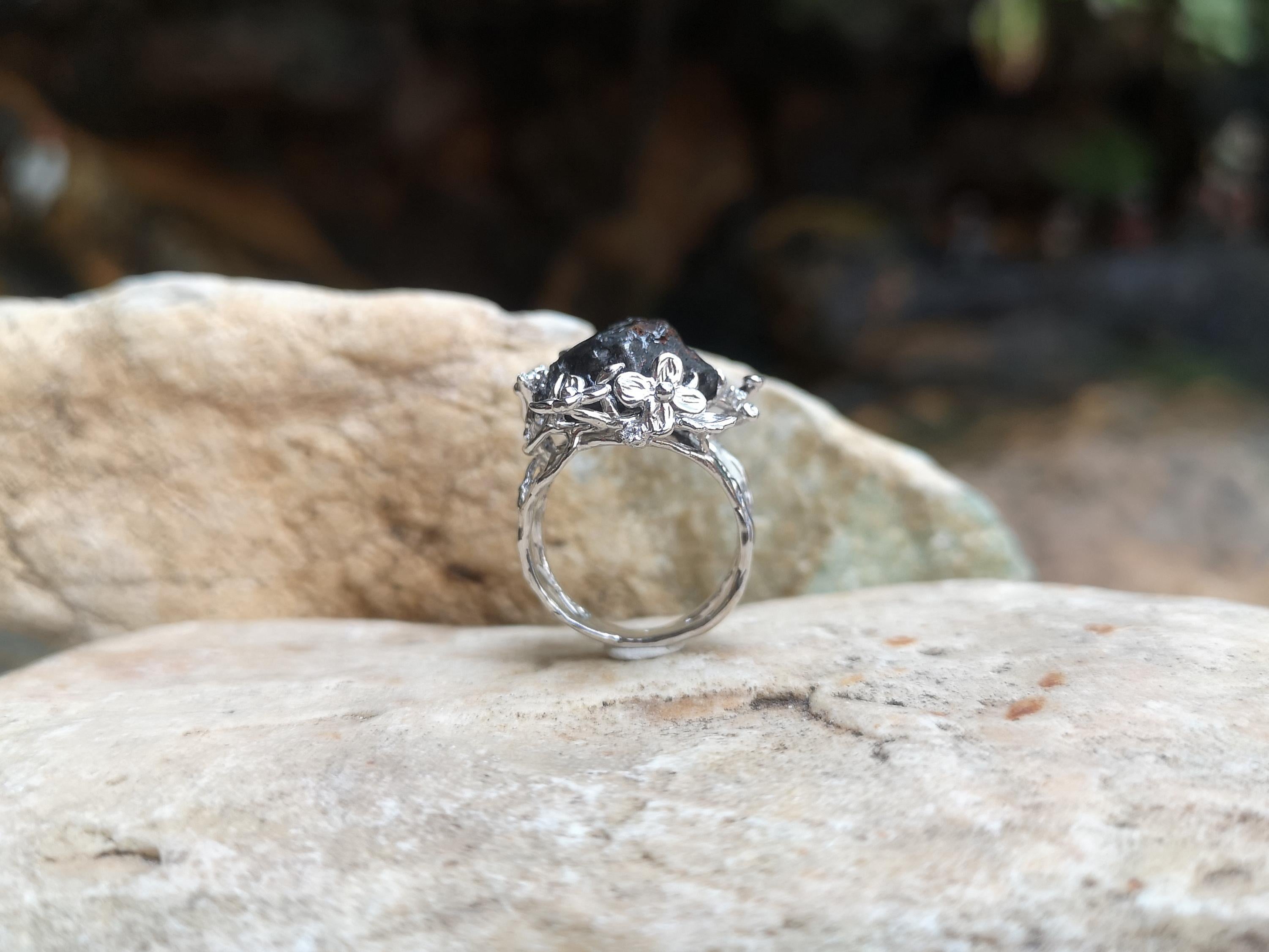 Meteorite with Diamond Ring Set in 18 Karat White Gold Settings For Sale 1