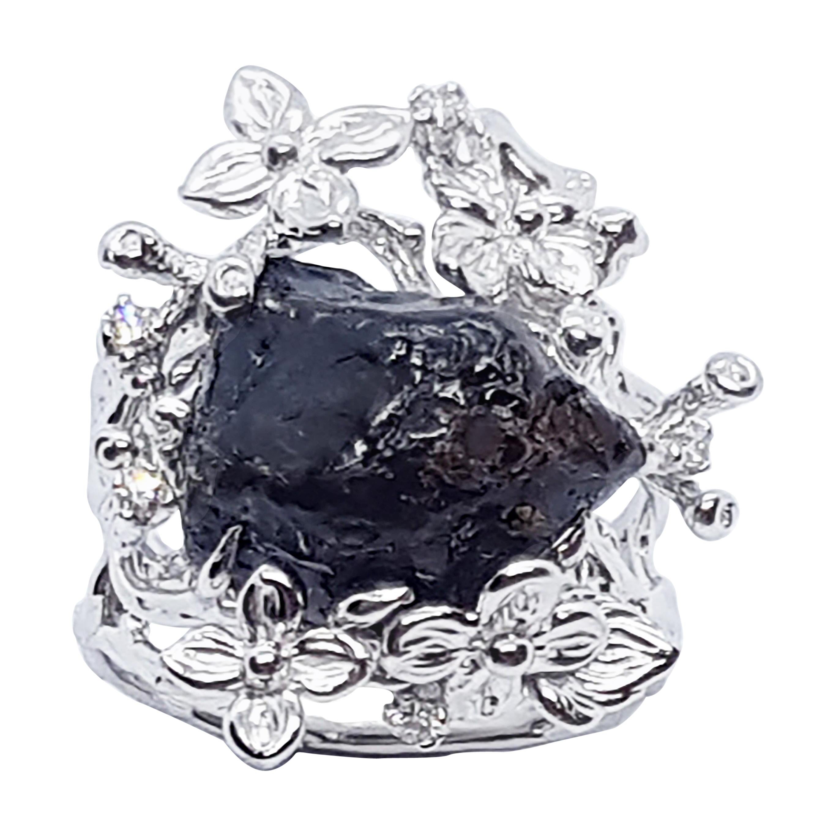 Meteorite with Diamond Ring Set in 18 Karat White Gold Settings For Sale