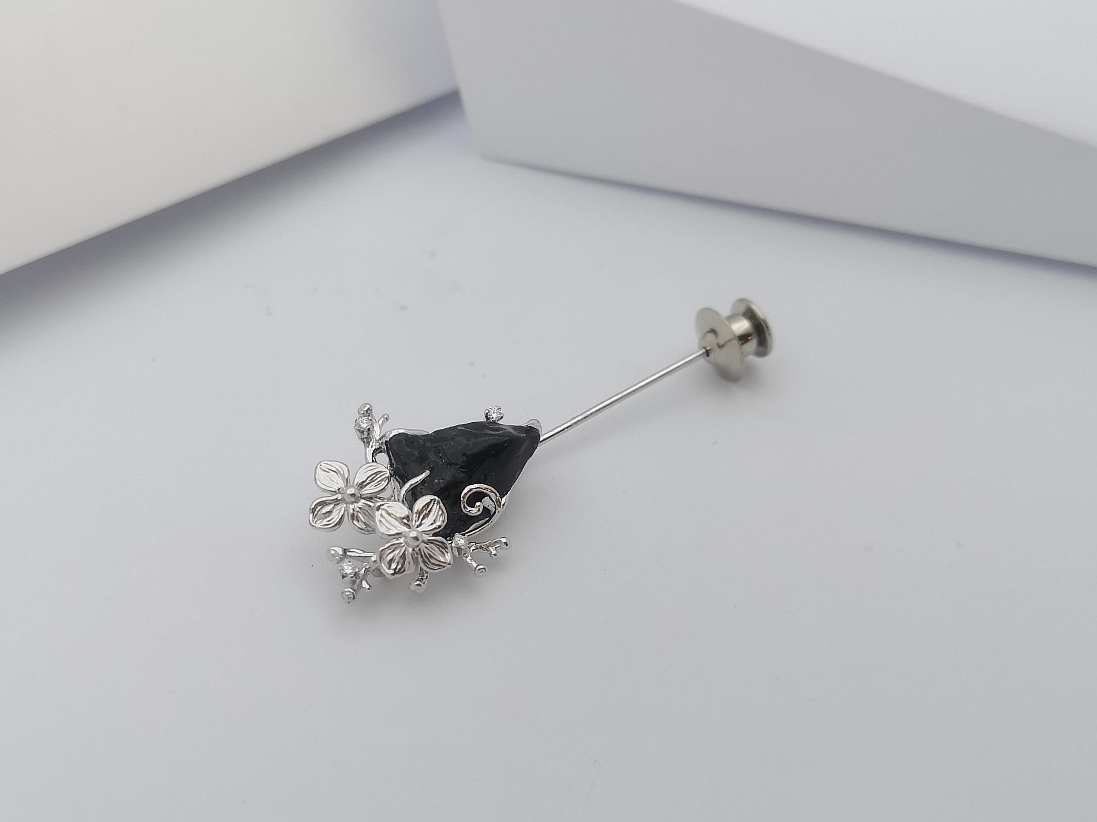 Mixed Cut Meteorite with Diamond Tie Pin Set in 18 Karat White Gold Settings For Sale