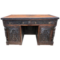 English Museum Quality 18th Century Highly Carved Walnut Desk with Parquetry Top