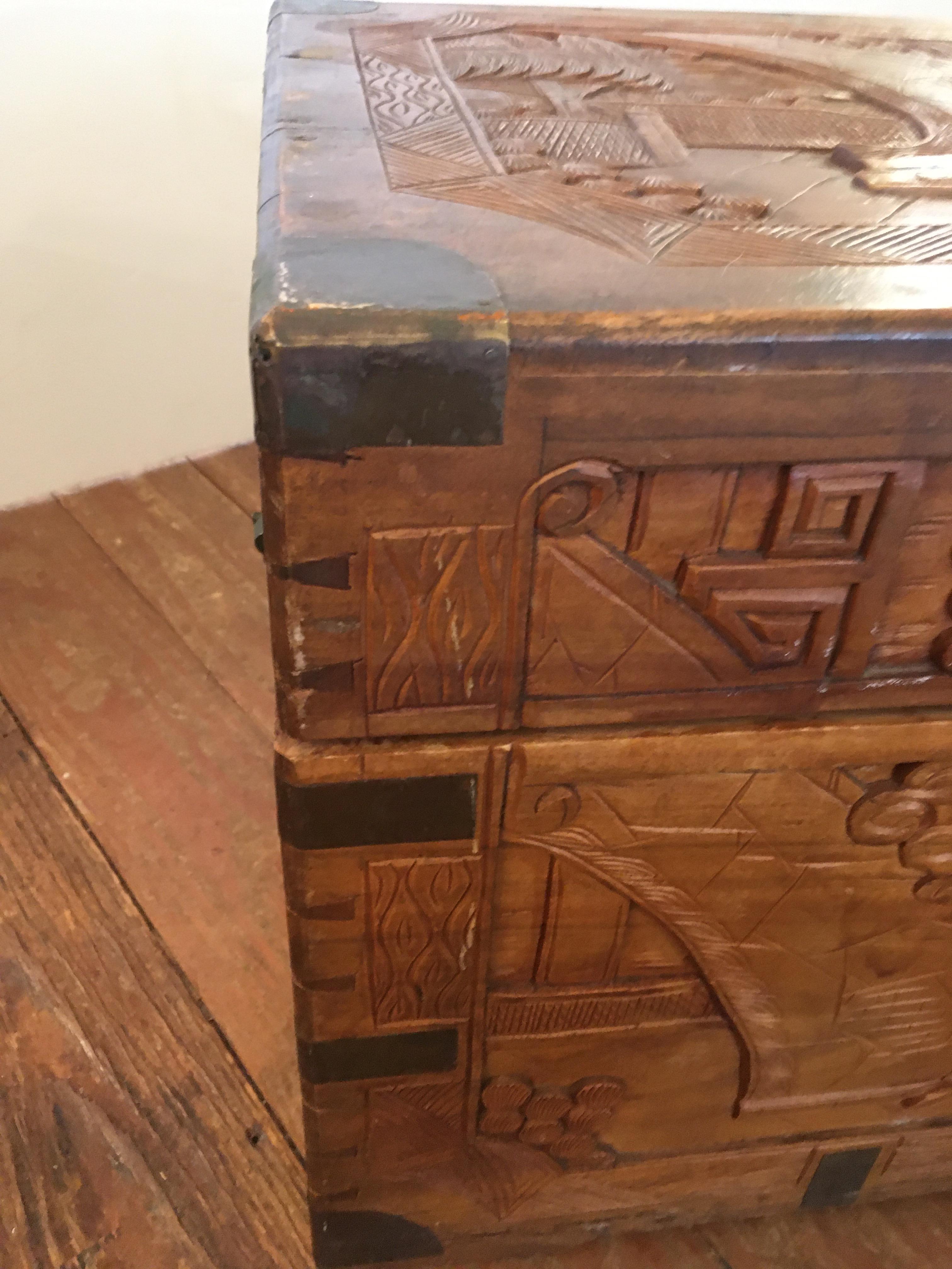 Oak Meticulously Carved Antique Chinese Trunk