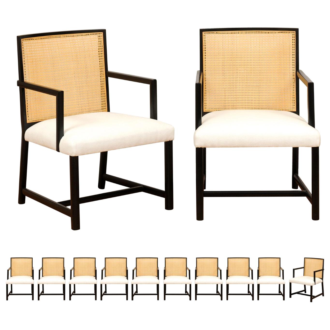 Meticulously Restored Set of 12 Cane Arm Dining Chairs by Michael Taylor, 1960