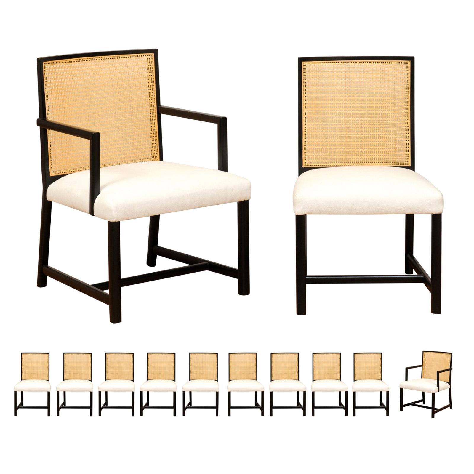 Meticulously Restored Set of 12 Cane Dining Chairs by Michael Taylor, circa 1960 For Sale