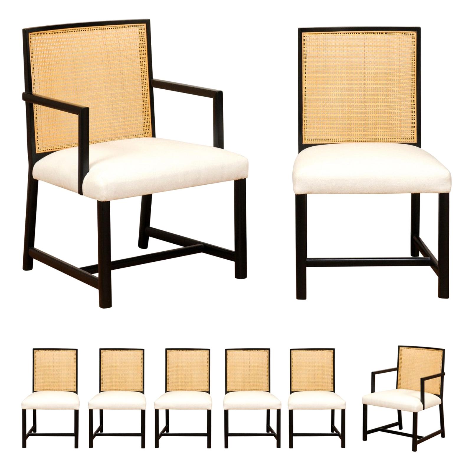 Meticulously Restored Set of 8 Cane Dining Chairs by Michael Taylor, circa 1960 For Sale