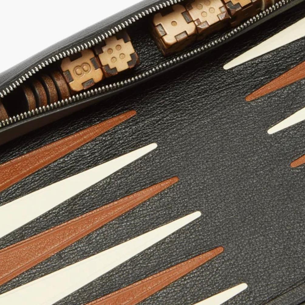 Métier London Black Buffalo Leather Rolled Travel Backgammon Set with Dice Italy In New Condition In Brooklyn, NY