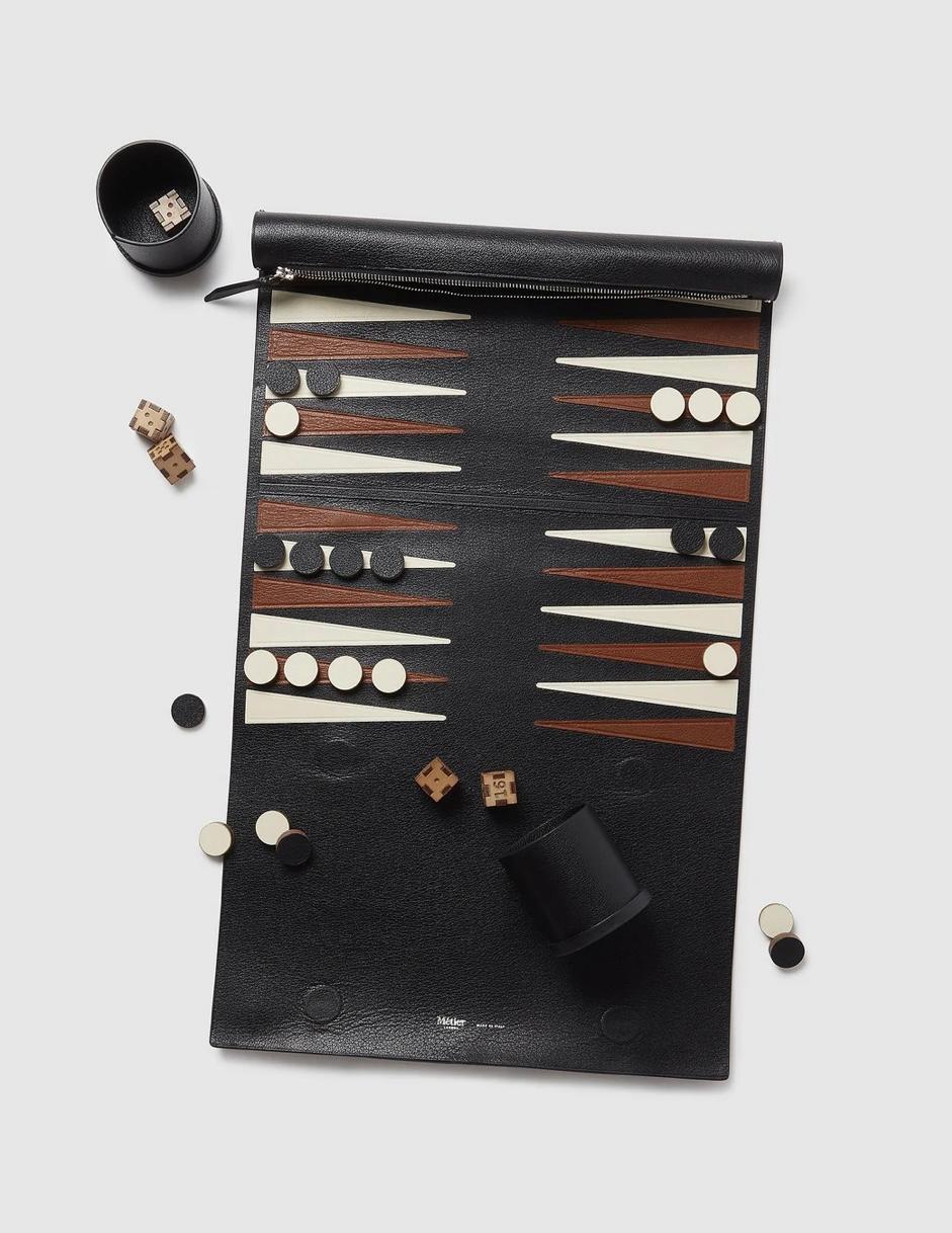 Métier London Black Buffalo Leather Rolled Travel Backgammon Set with Dice Italy 1