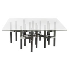 Metis 'In Stock' Modern Industrial Coffee Table Glass Top Metal and Black Wood