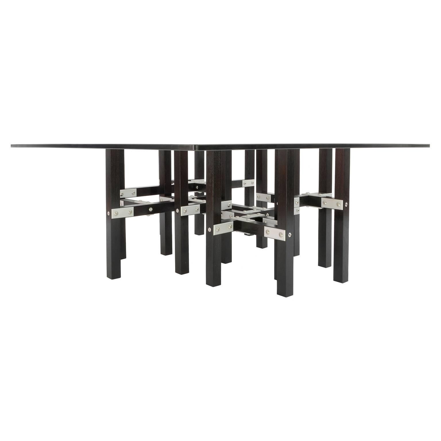 American Modern Industrial Coffee Table by Peter Harrison, Glass, Metal and Black Wood For Sale