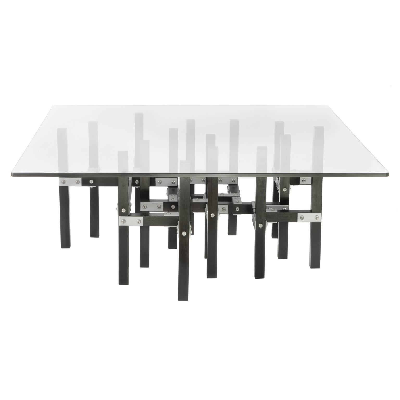 Modern Industrial Coffee Table by Peter Harrison, Glass, Metal and Black Wood For Sale