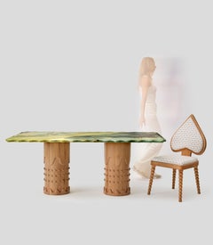 Tavolo da pranzo in marmo verde Metlife con gambe in Oak intagliate a mano