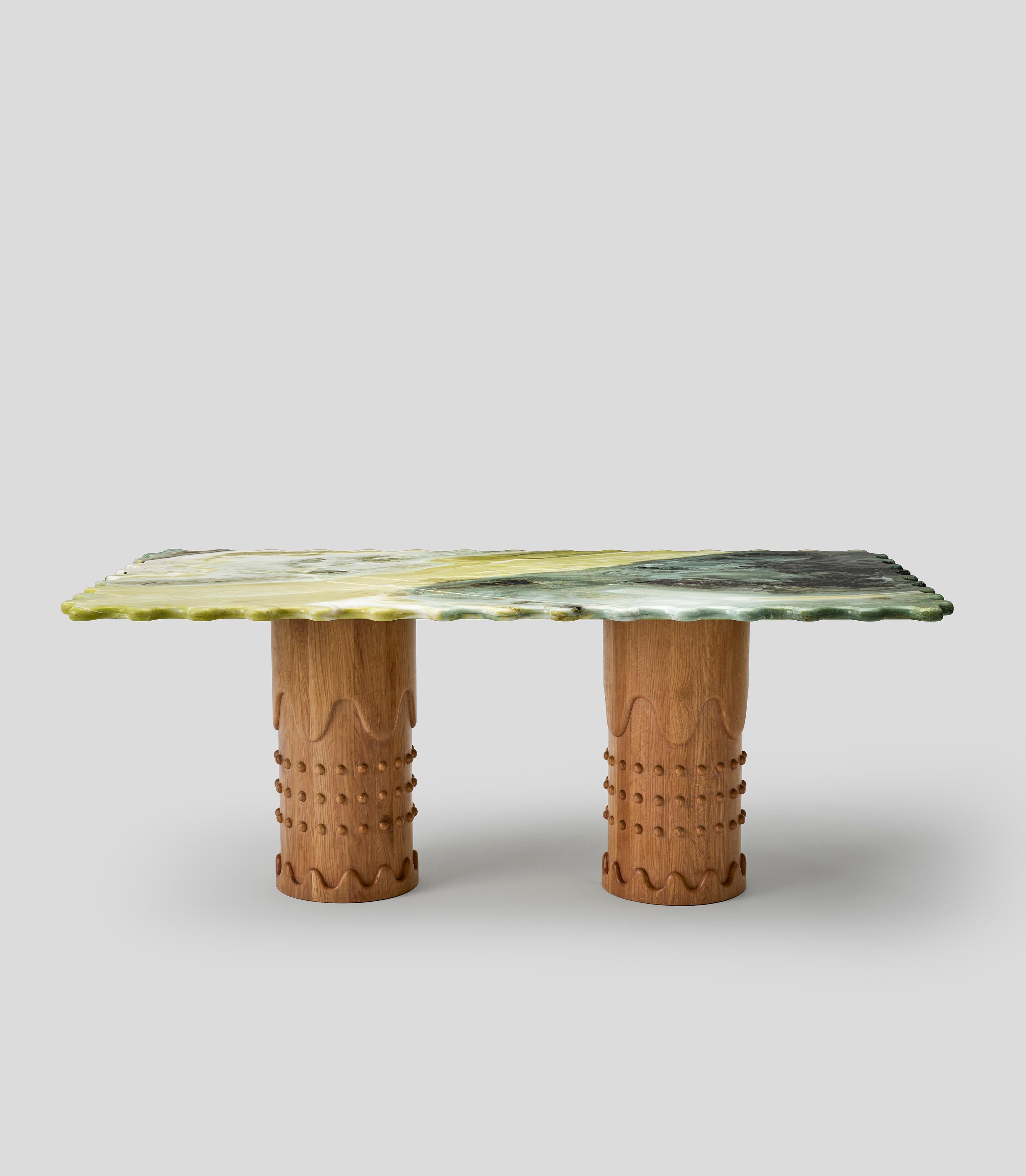 Tavolo Metlife di Merve KAHRAMAN, Marmo Onice Verde e Gambe in Oak lavorate a mano in vendita 7