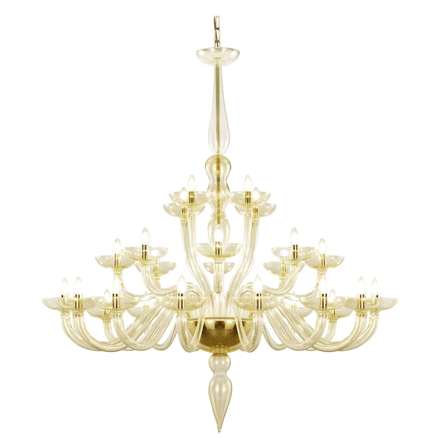 Italian Chandelier 28 arms, 3 levels, blown gold Murano Glass by Multiforme For Sale