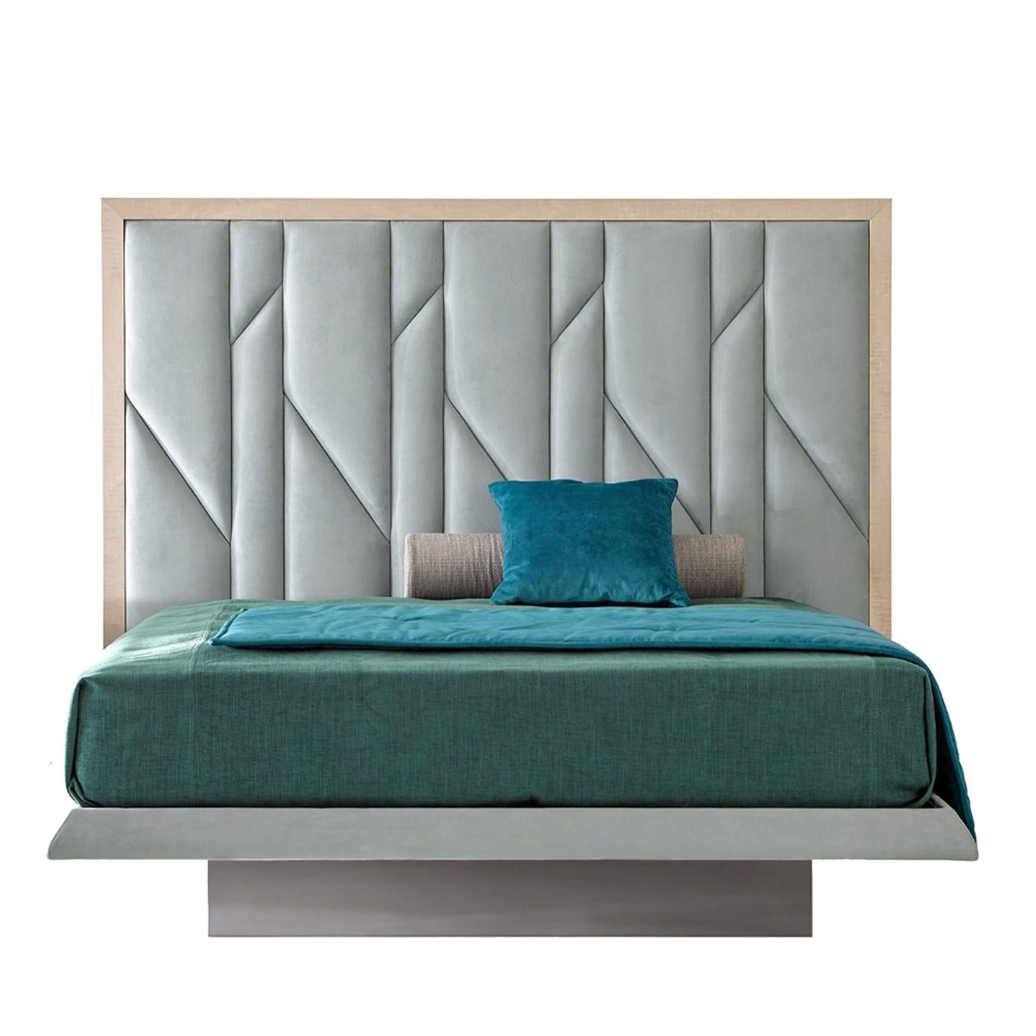 Bed composed of padded headboard with wooden finishes, padded bed frame, and foot in extra-clear glass. Covered in Econabuk Timo - water repellent and easy-to-clean fabric. Fox matt wood finish. Structure only. Bed base, mattress, bed set, and