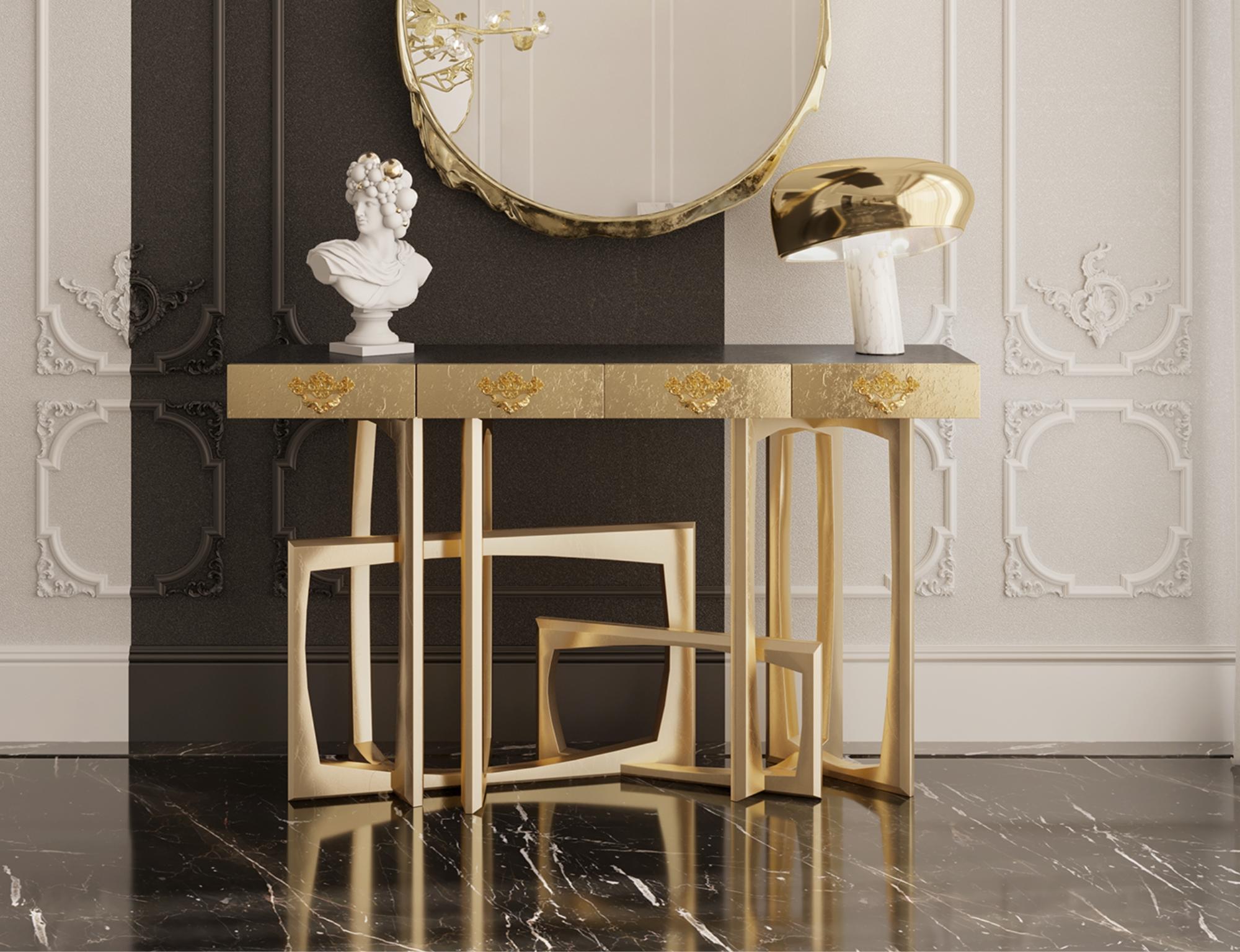 Portuguese Metropolis Console - Hand-Crafted Brass, Gold Leaf & Mahogany - Boca do Lobo For Sale