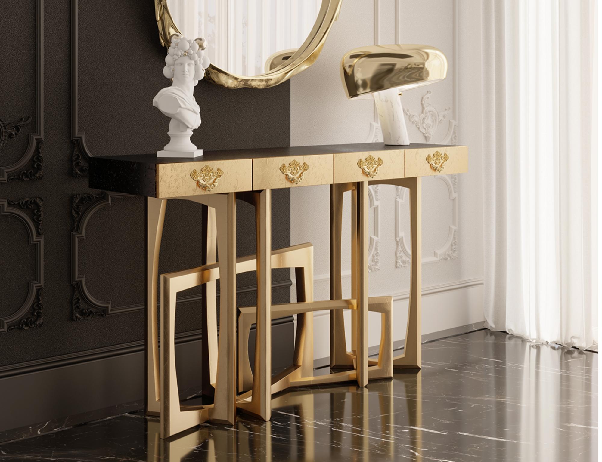 Hand-Carved Metropolis Console - Hand-Crafted Brass, Gold Leaf & Mahogany - Boca do Lobo For Sale