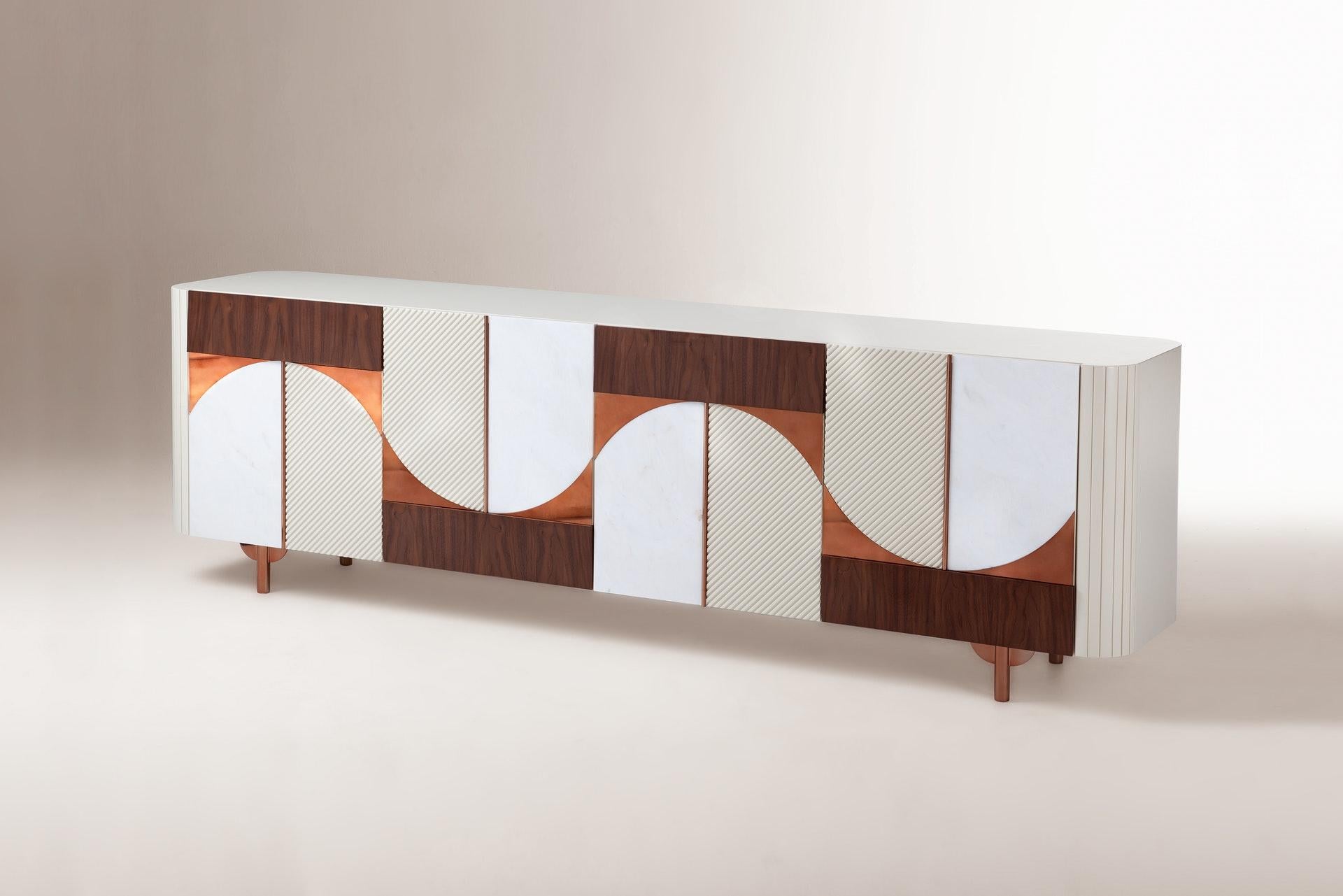 Metropolis Contemporary sideboard by Dooq
Dimensions: W 250 x D 50 x H 78 cm
Materials: MDF, Marble, Natural Walnut Veneer, Stainless Steel Plated Polished Copper, Feet: Stainless Steel Plated Polished Copper

Metropolis Sideboard was created