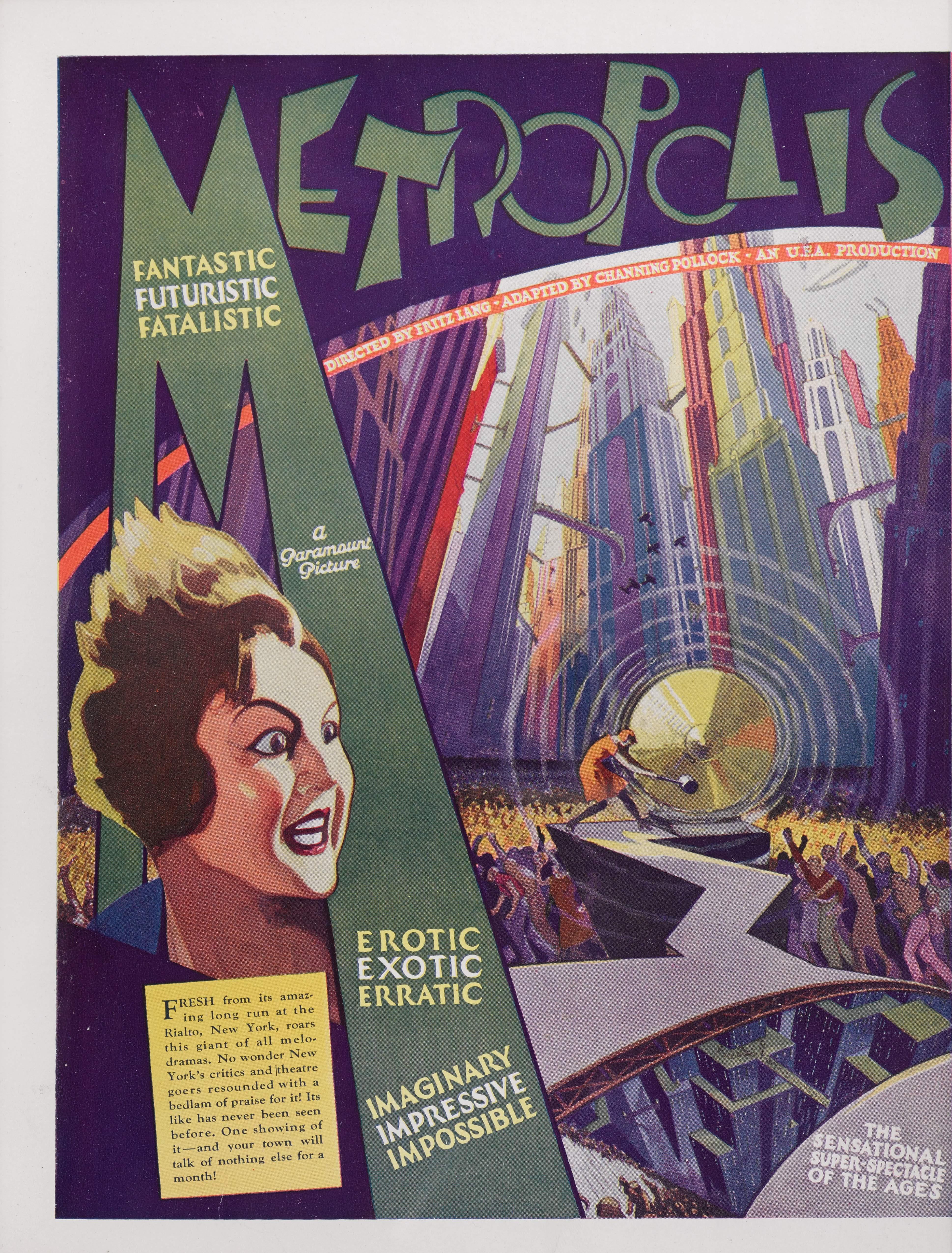 Original US-Werbung für Fritz Langs und Thea von Harbous Science-Fiction-Meisterwerk von 1927.
Channing Pollock, ein amerikanischer Dramatiker und Kritiker der Washington Post, wurde beauftragt, den Film für ein amerikanisches Publikum attraktiv zu