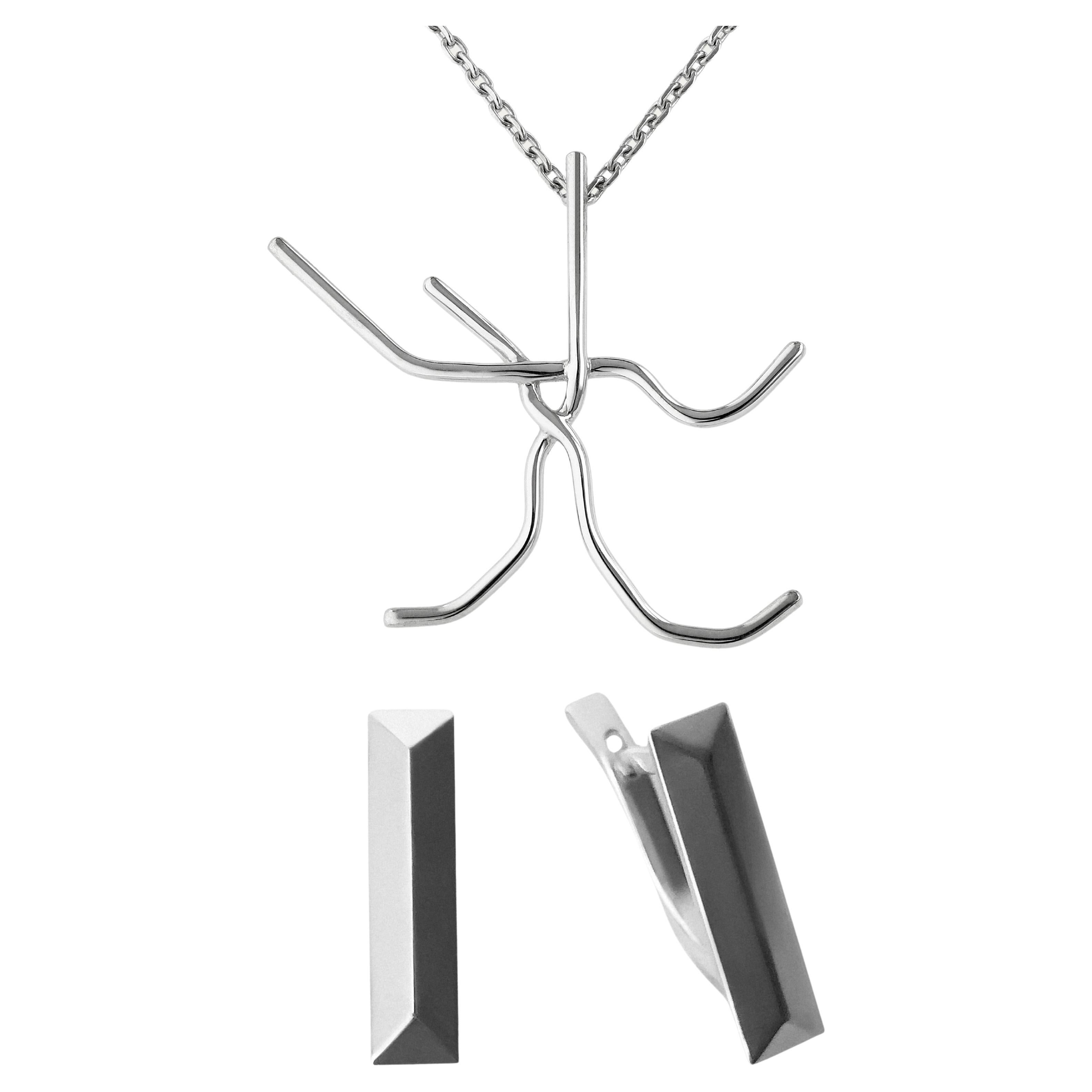 Metropolis Set Minimalist Pendant and lever-back Earrings 925 Sterling Silver