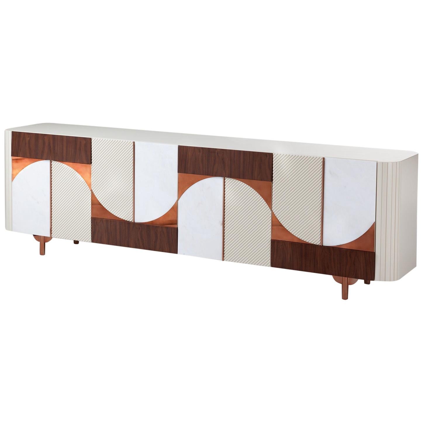 Art-Deco Sideboard Buffet in Natural Marble Copper and Walnut Metropolis