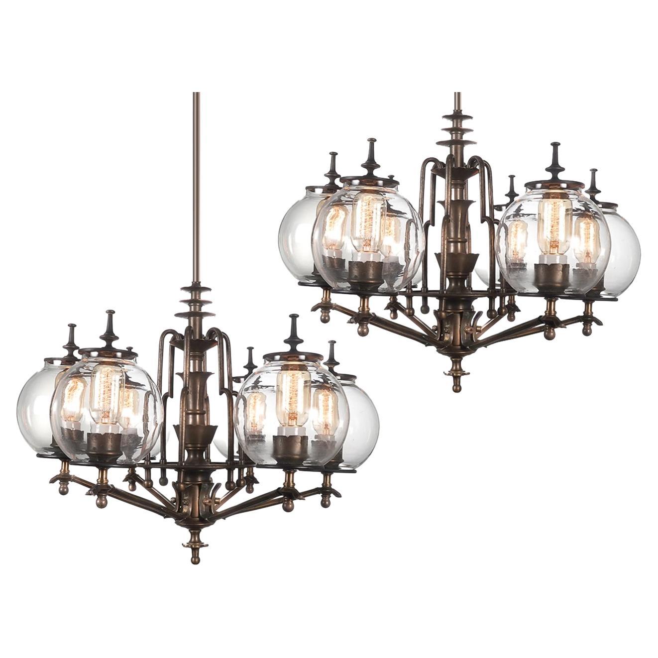 Metropolis Style Art Deco Chandeliers, Matching Pair For Sale
