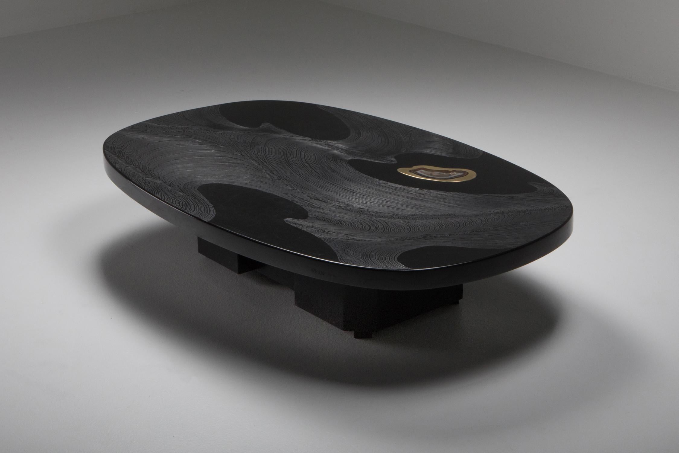 20th Century Metropolitan Chic Black Resin with Agate Coffee Table by Dresse, Belgium, 1980s