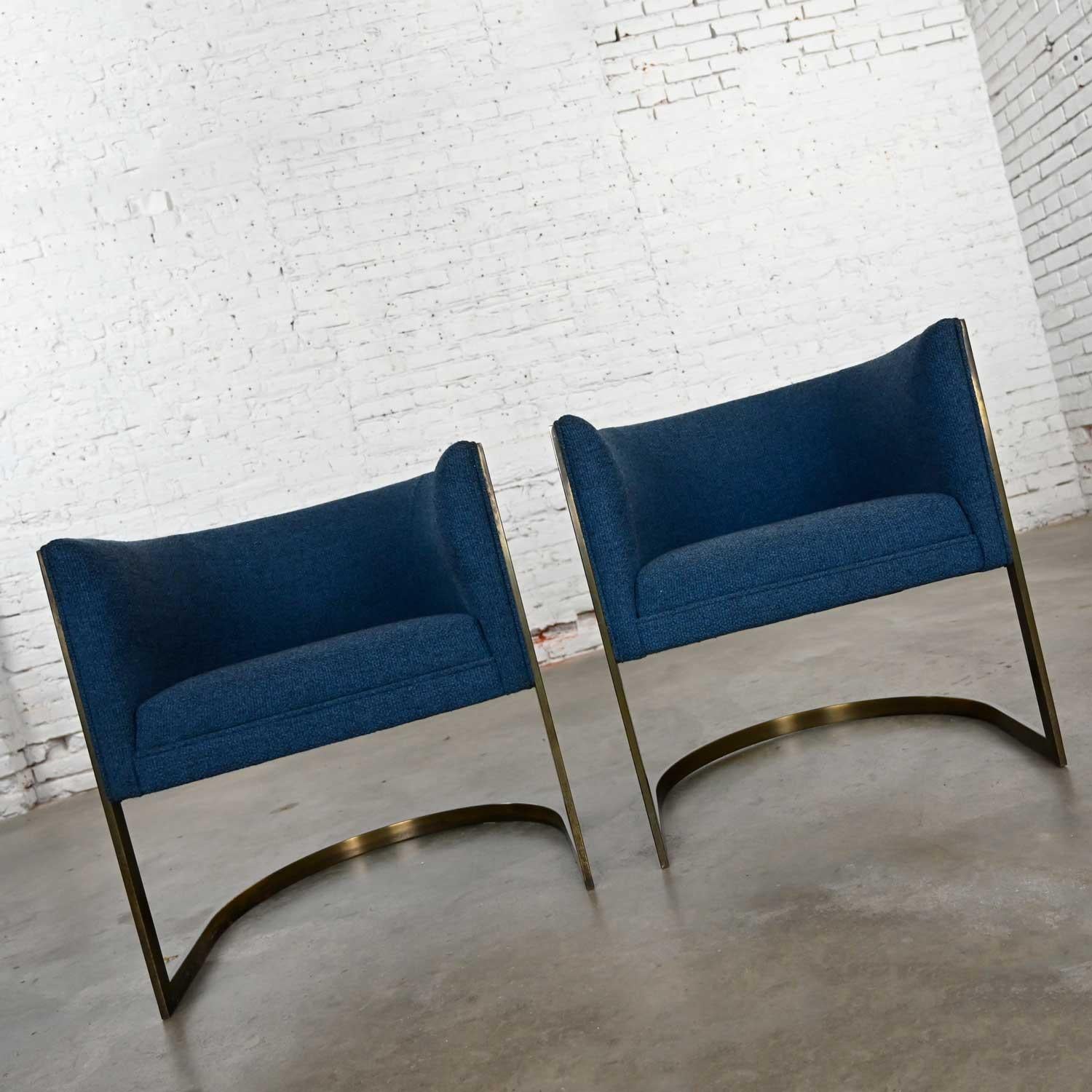 Metropolitan Furn Modern Blue & Antique Brass Plate Tub Chairs by Jules Heumann 7