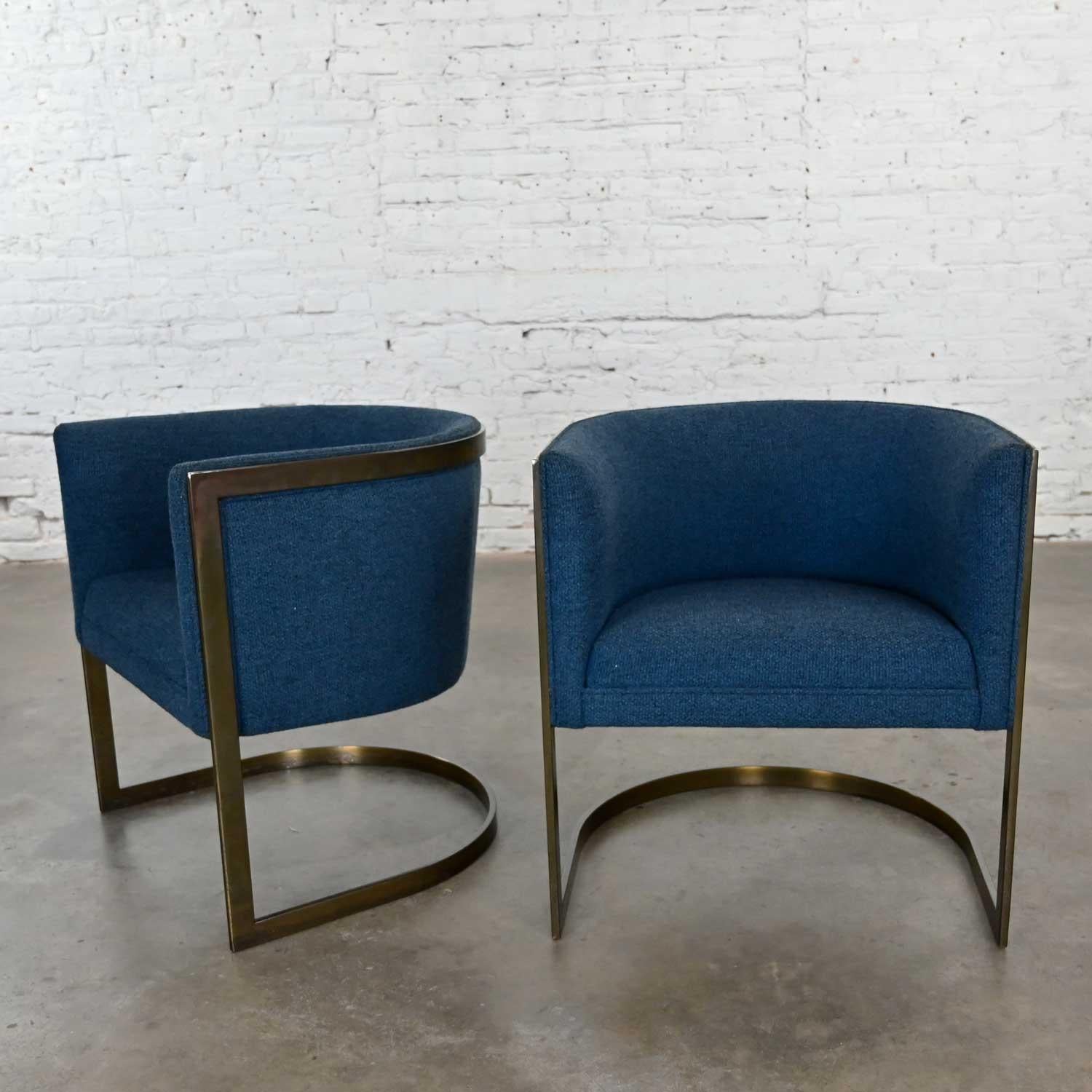 Metropolitan Furn Modern Blue & Antique Brass Plate Tub Chairs by Jules Heumann 8