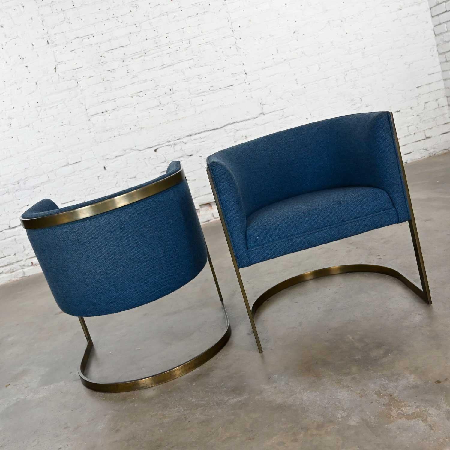 Metropolitan Furn Modern Blue & Antique Brass Plate Tub Chairs by Jules Heumann 10