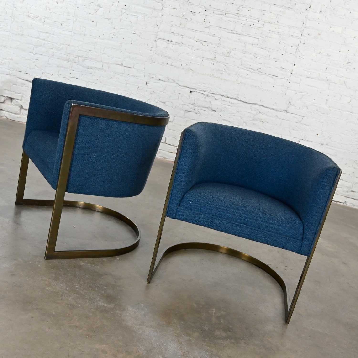 American Metropolitan Furn Modern Blue & Antique Brass Plate Tub Chairs by Jules Heumann