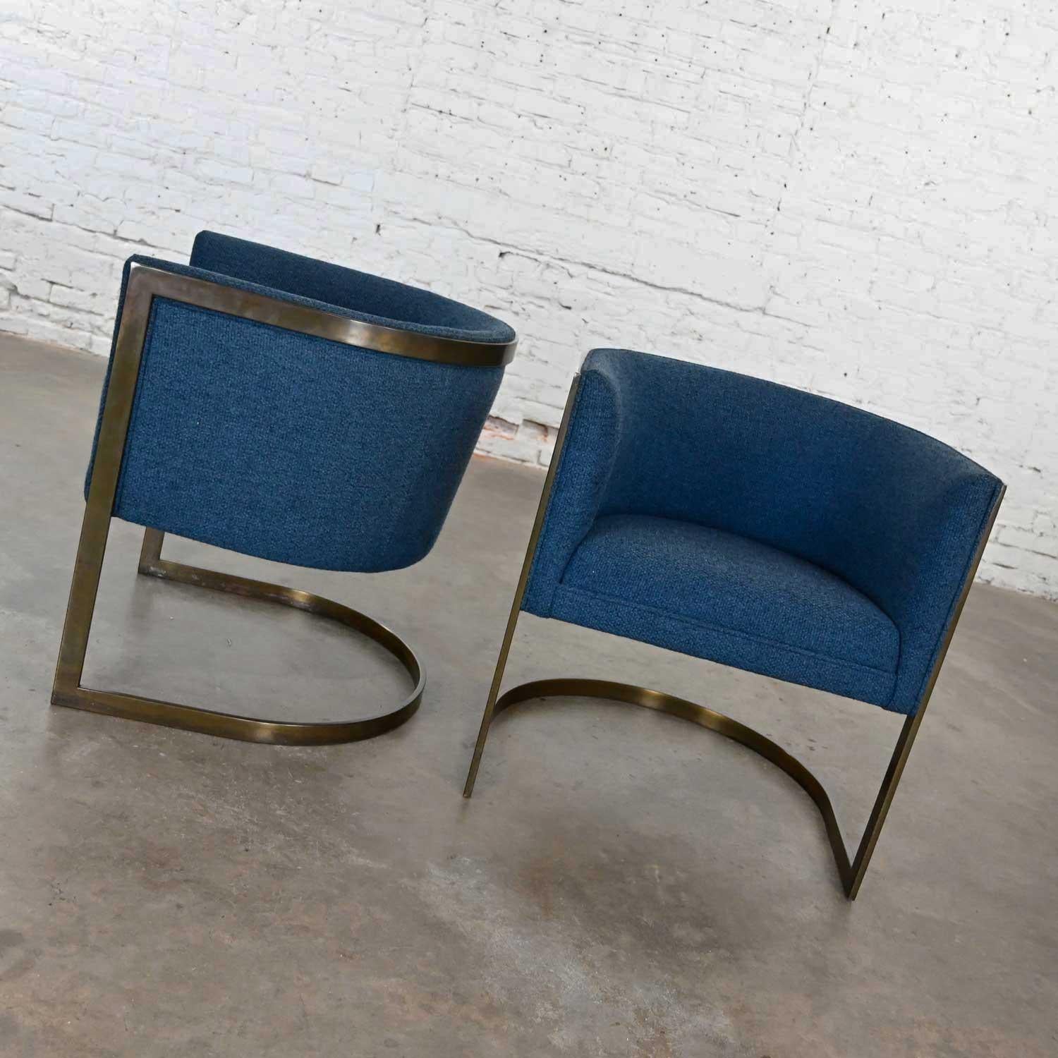 Metropolitan Furn Modern Blue & Antique Brass Plate Tub Chairs by Jules Heumann In Good Condition In Topeka, KS