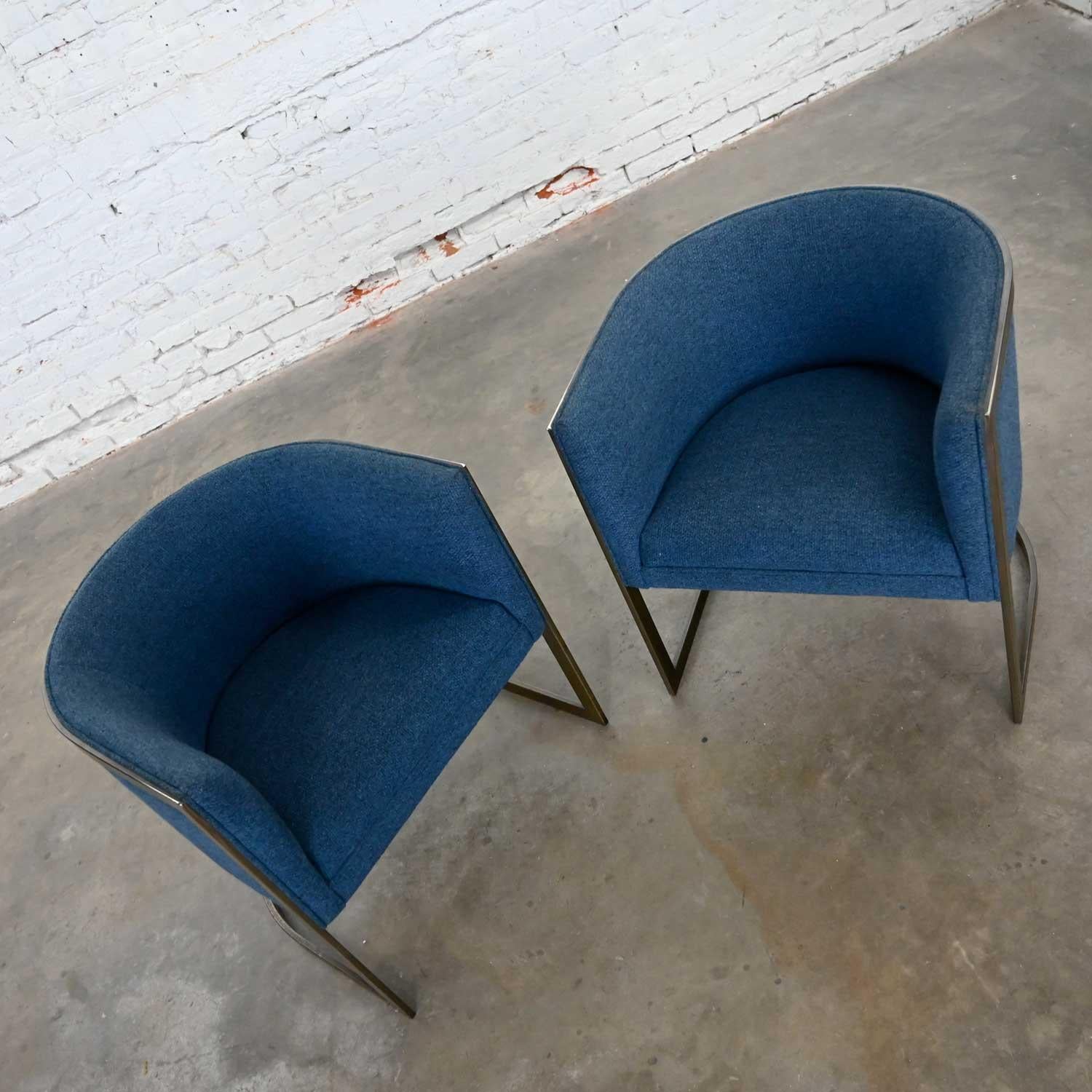 Metropolitan Furn Modern Blue & Antique Brass Plate Tub Chairs by Jules Heumann 1