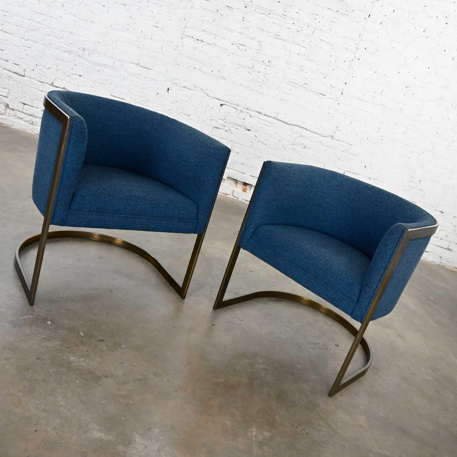Metropolitan Furn Modern Blue & Antique Brass Plate Tub Chairs by Jules Heumann 2