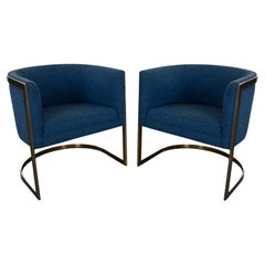 Metropolitan Furn Modern Blue & Vintage Brass Plate Tub Chairs by Jules Heumann