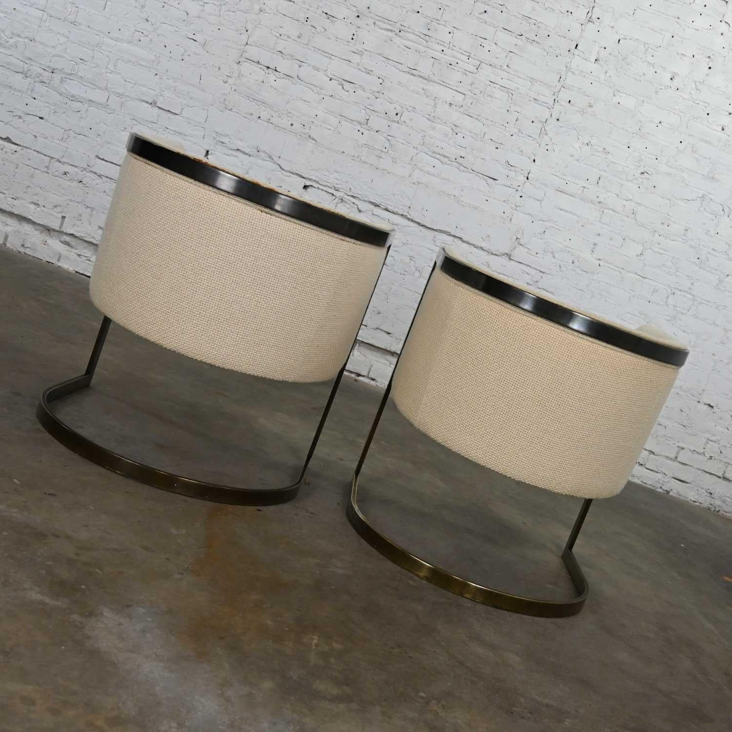 American Metropolitan Furn Modern White & Antique Brass Plate Tub Chairs by Jules Heumann For Sale