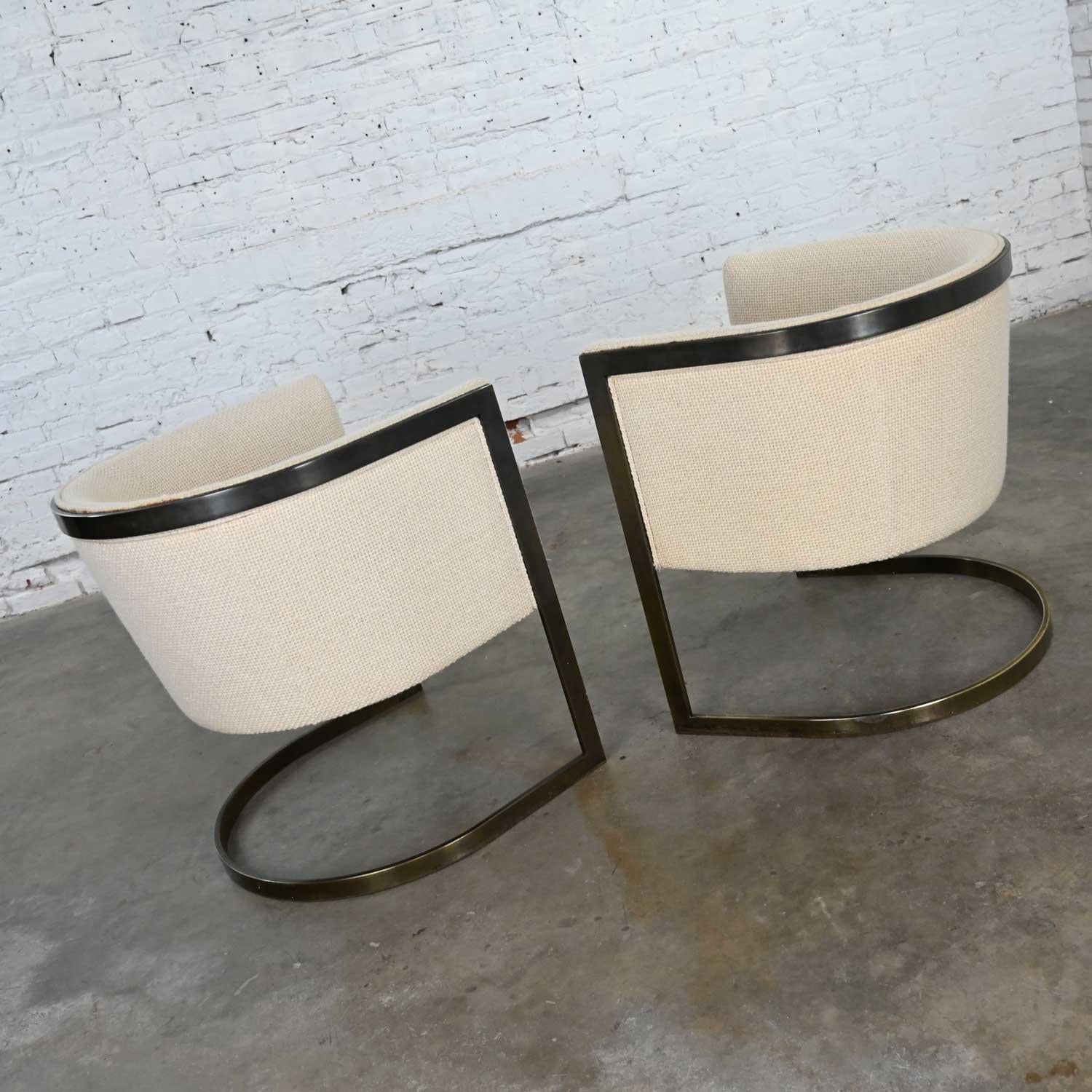 Plated Metropolitan Furn Modern White & Antique Brass Plate Tub Chairs by Jules Heumann For Sale