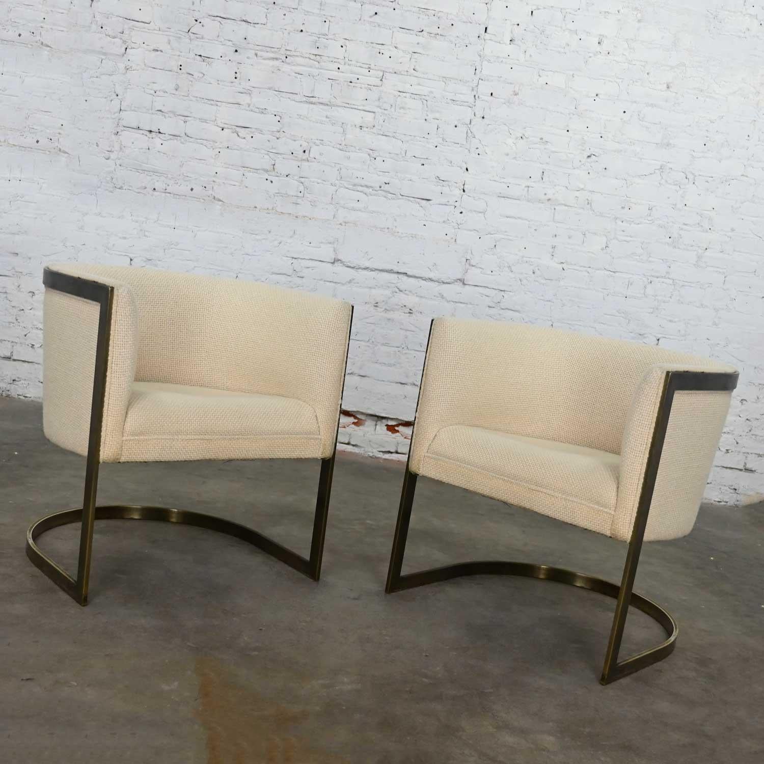 Metropolitan Furn Modern White & Antique Brass Plate Tub Chairs by Jules Heumann In Good Condition For Sale In Topeka, KS