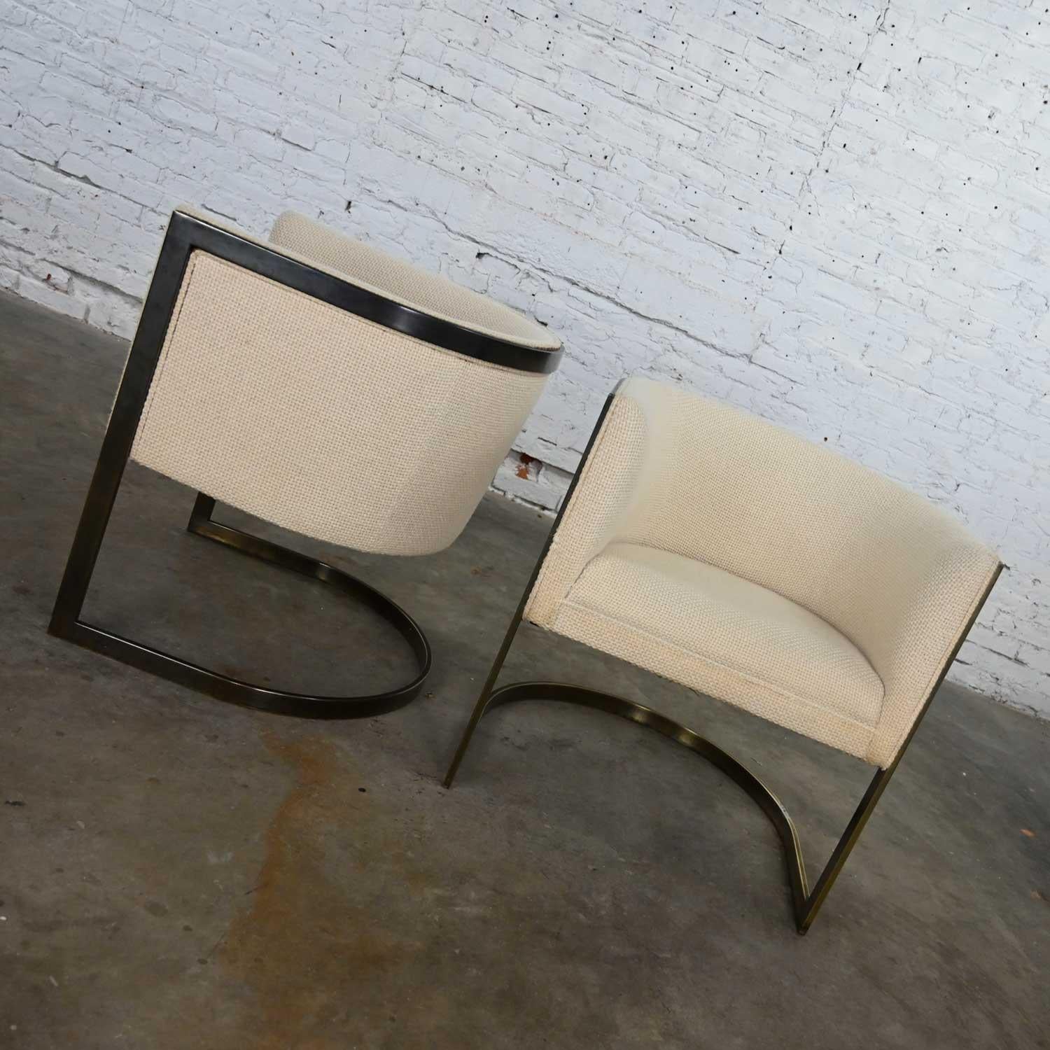 Metal Metropolitan Furn Modern White & Antique Brass Plate Tub Chairs by Jules Heumann For Sale